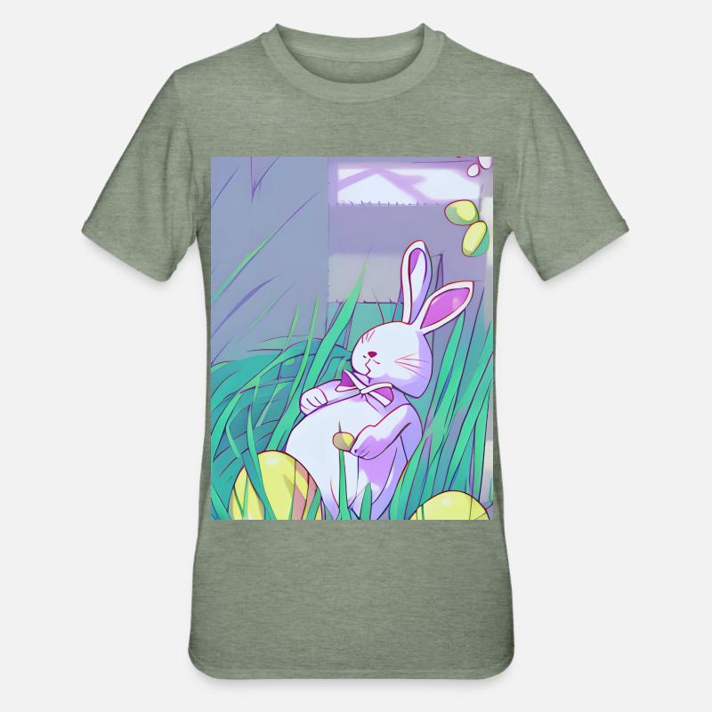 Pastel Easter Bunny in Spring Grass - Unisex Polycotton T-Shirt - heather military green