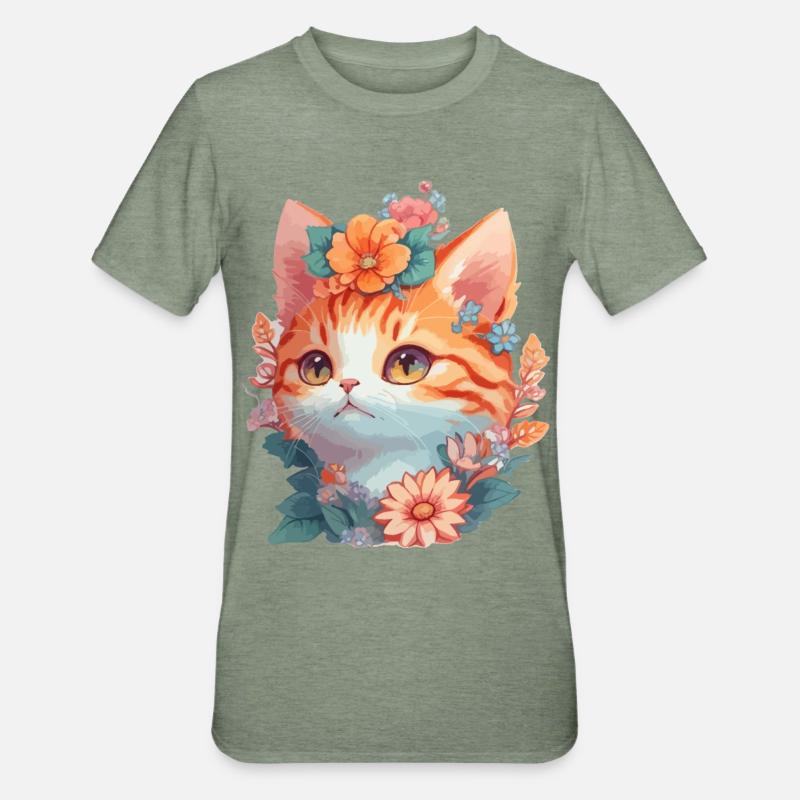 Chat rouge avec des fleurs - T-shirt polycoton Unisexe - vert kaki chiné