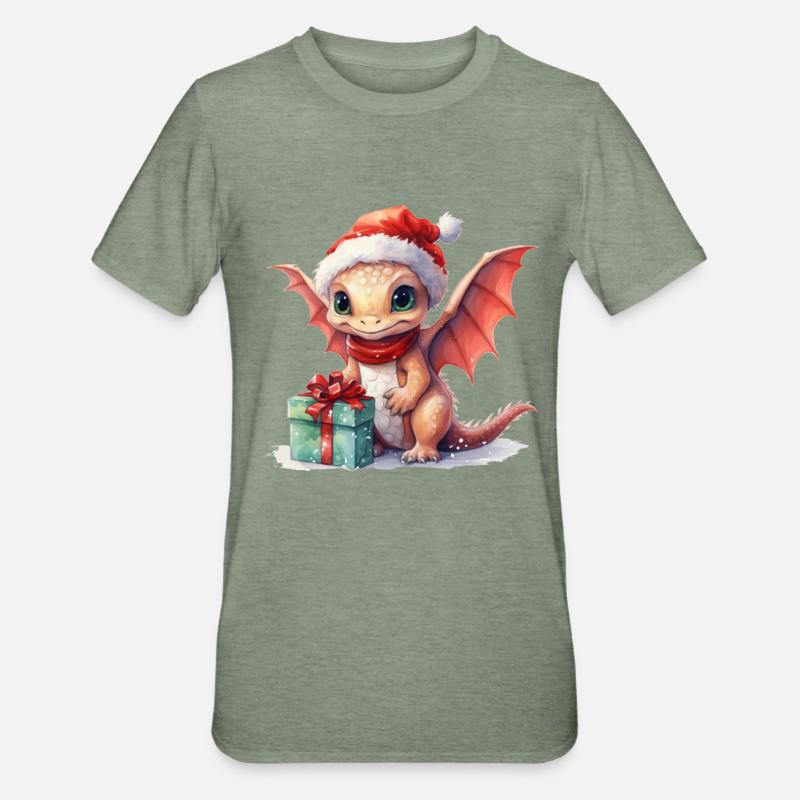Weihnachtsdrache mit Geschenk - Unisex Polycotton T-Shirt - Militärgrün meliert