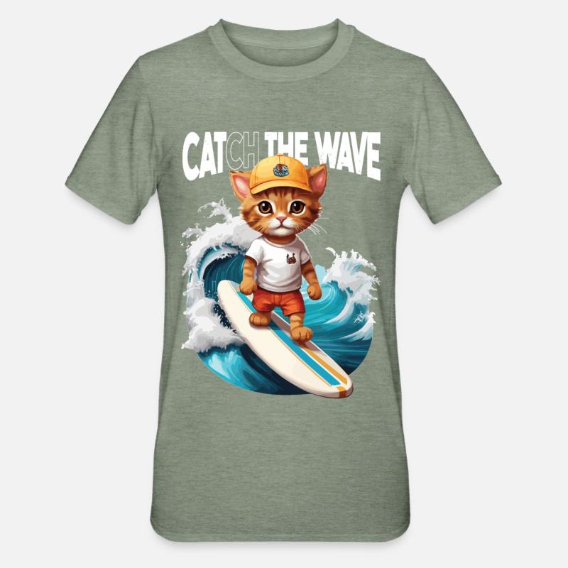Cat Surfer Catch the Wave - Unisex Polycotton T-Shirt - heather military green