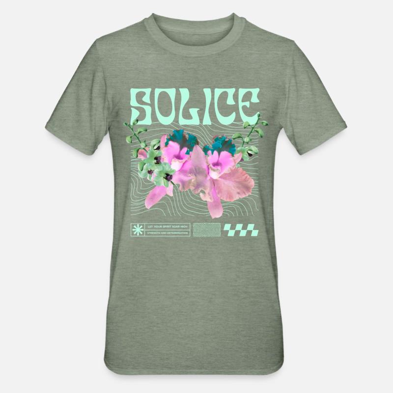 Solice – Tranquillité botanique - T-shirt polycoton Unisexe - vert kaki chiné