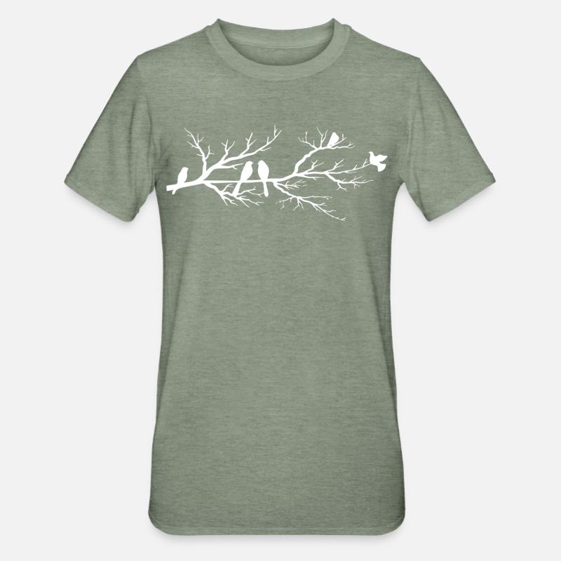 Les oiseaux blancs sur la branche - T-shirt polycoton Unisexe - vert kaki chiné