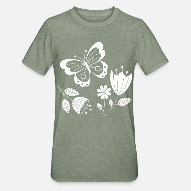 Papillon avec des fleurs - T-shirt polycoton Unisexe - vert kaki chiné