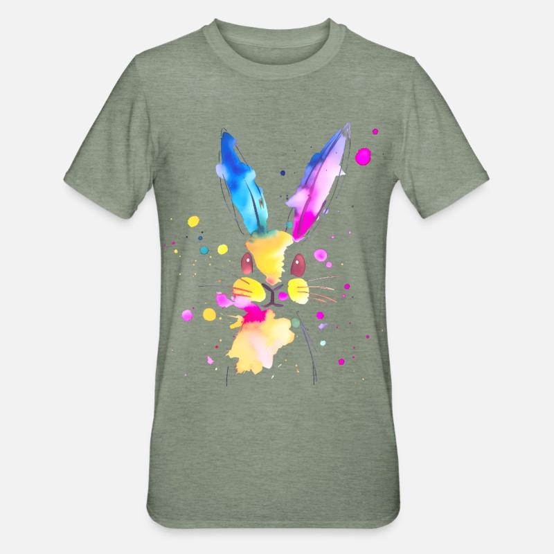 Lapin abstrait à l'aquarelle 🐇 - T-shirt polycoton Unisexe - vert kaki chiné