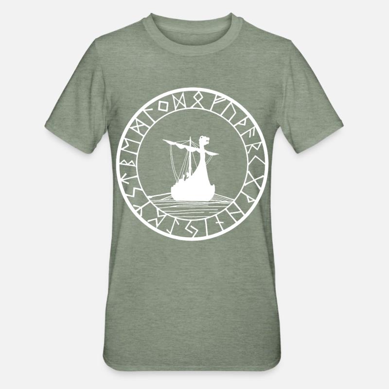 Weißes Wikinger-Langschiff und Kompass - Unisex Polycotton T-Shirt - Militärgrün meliert