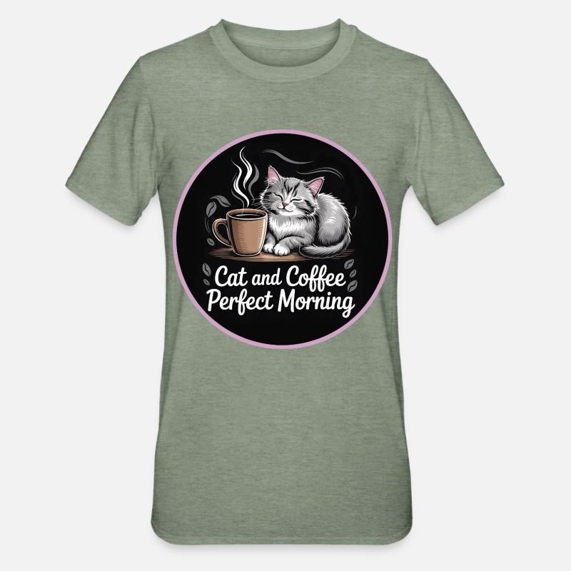 Katzen und Kaffee Morgenroutine - Unisex Polycotton T-Shirt - Militärgrün meliert