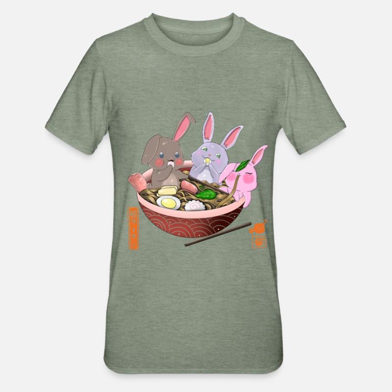 Lapins Kawaii mangeant des ramen - T-shirt polycoton Unisexe - vert kaki chiné