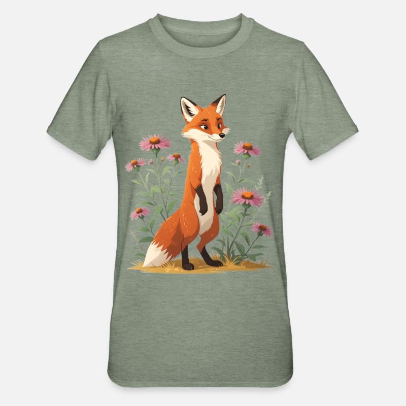 Fuchs mit Blumenmuster Illustration - Unisex Polycotton T-Shirt - Militärgrün meliert
