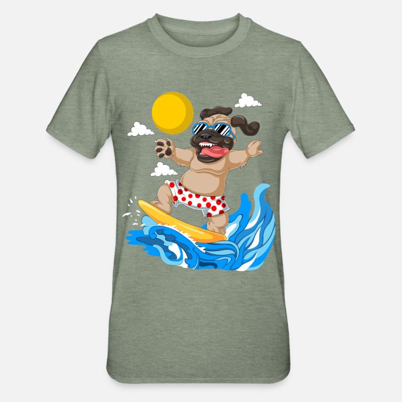 Pug Surfing Summer Beach Tee - Unisex Polycotton T-Shirt - heather military green