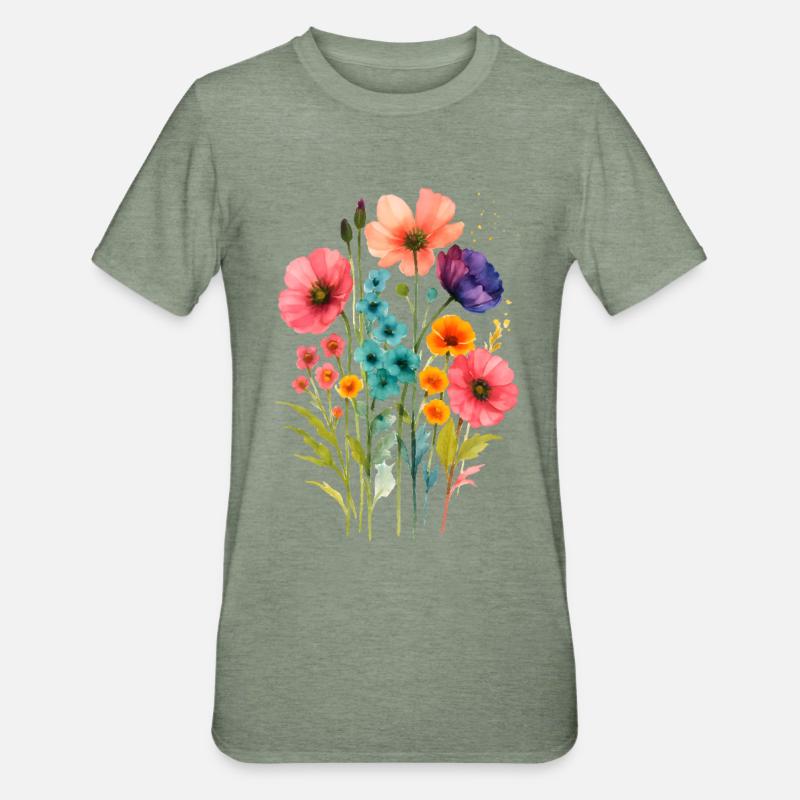 Aquarelle Fleurs Sauvages Boho - T-shirt polycoton Unisexe - vert kaki chiné