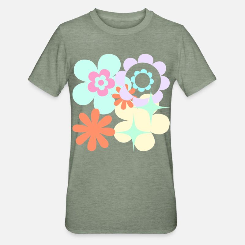 Blossom Pop Retro Pattern - Unisex Polycotton T-Shirt - heather military green