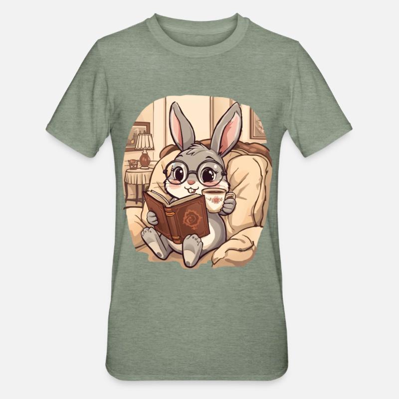 Soirée de lecture de lapin câlin - T-shirt polycoton Unisexe - vert kaki chiné