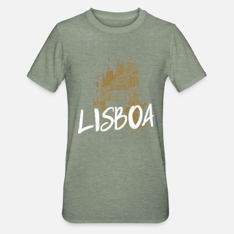 Tramway à Lisbonne illustration ocre - T-shirt polycoton Unisexe - vert kaki chiné