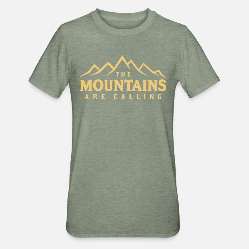 THE MOUNTAINS ARE CALLING Spruch Statement - Unisex Polycotton T-Shirt - Militärgrün meliert