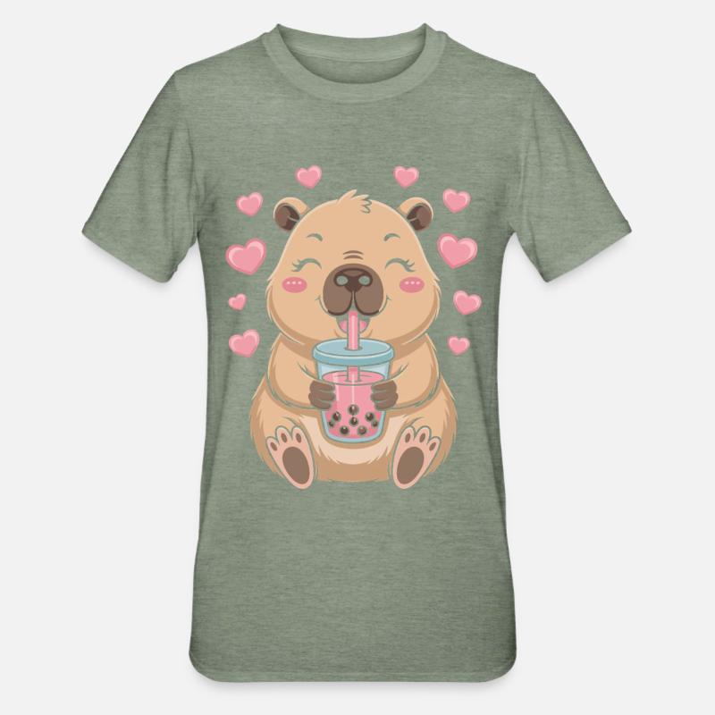 Kawaii Bubble Tee Capybara Boba Tee - Unisex Polycotton T-Shirt - Militärgrün meliert