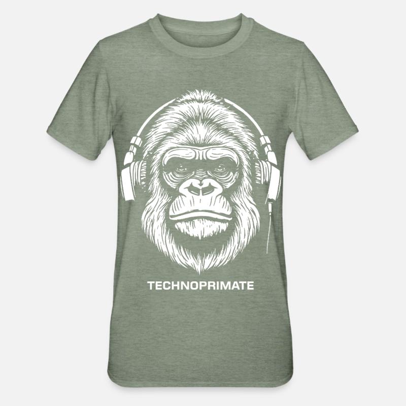 Techno Primate Headphone Ape Art # 5 White - Unisex Polycotton T-Shirt - heather military green