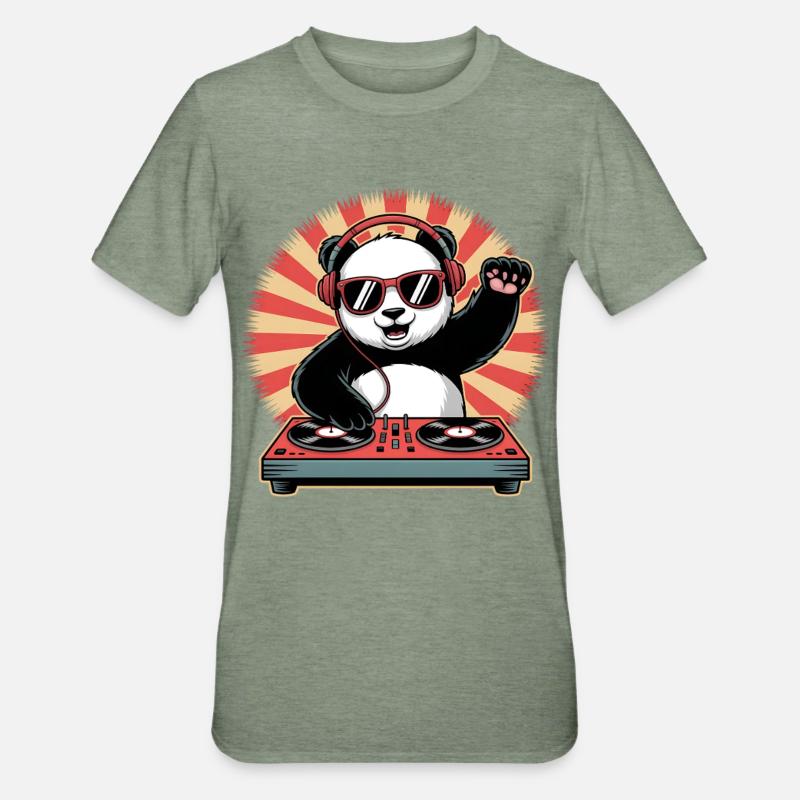 Panda DJ mit Kopfhörern - Unisex Polycotton T-Shirt - Militärgrün meliert