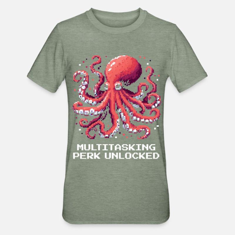 Capacité multitâche débloquée | Pieuvre - T-shirt polycoton Unisexe - vert kaki chiné