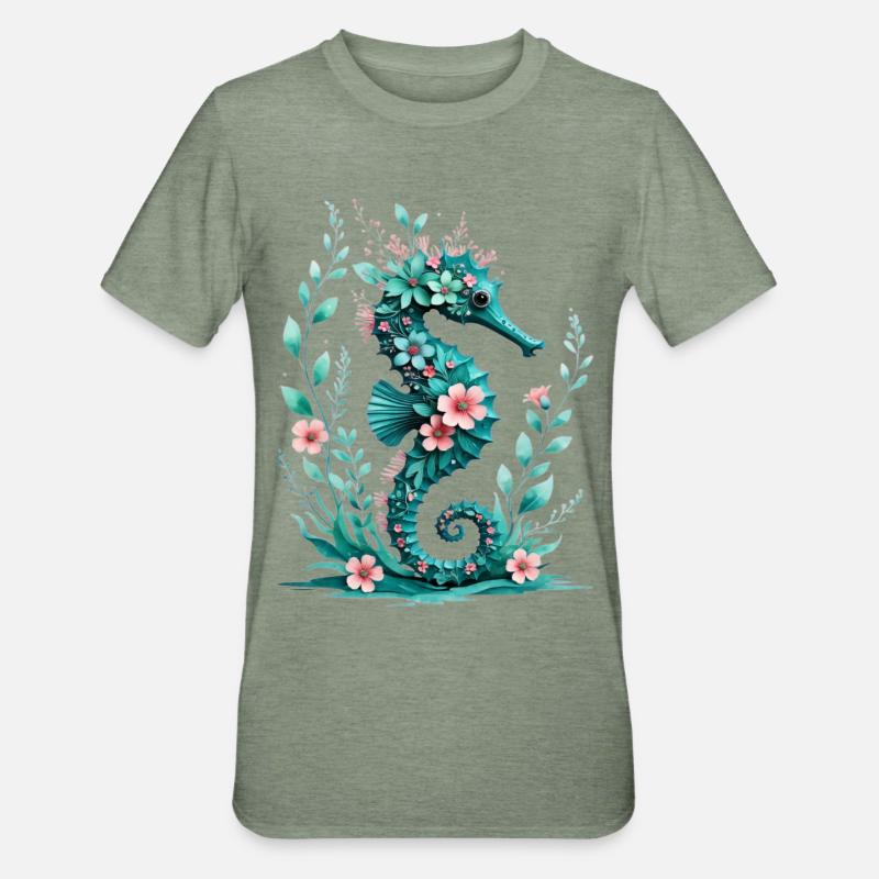 FloraSeepferdchen Blütenkunst - Unisex Polycotton T-Shirt - Militärgrün meliert