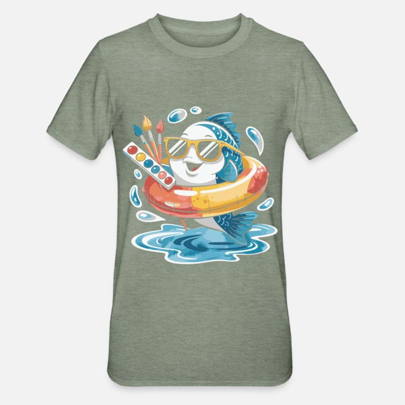 Farbfisch mit Sonnenbrille - Unisex Polycotton T-Shirt - Militärgrün meliert