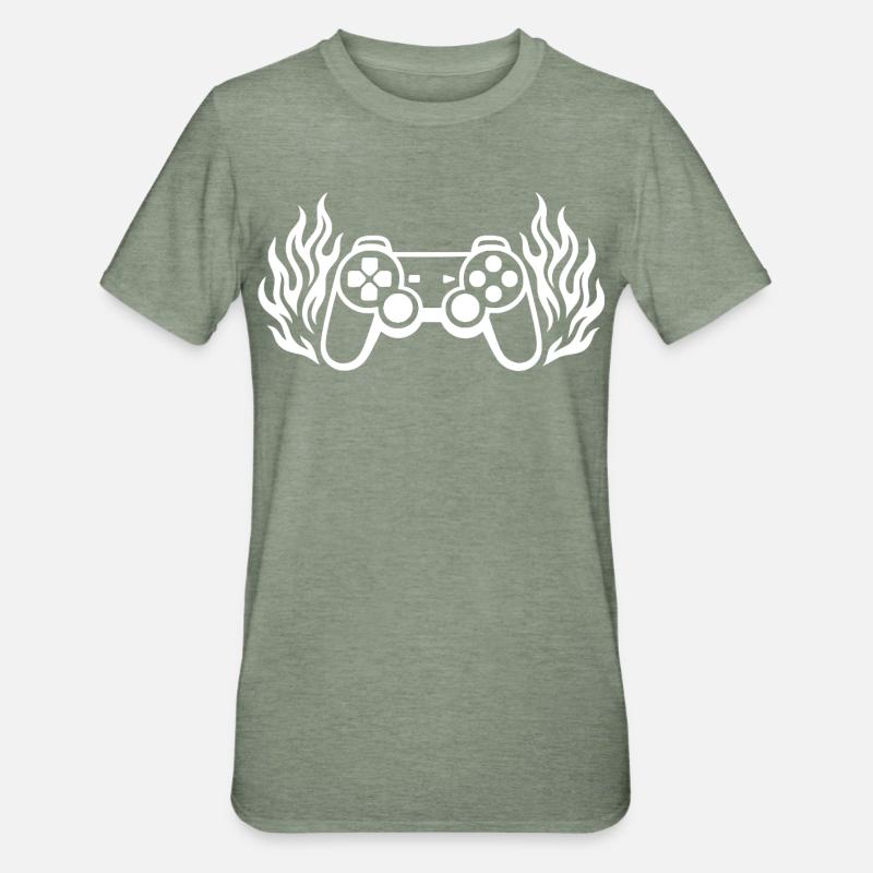 Flammen Controller, brennende Gamepad Grafik - Unisex Polycotton T-Shirt - Militärgrün meliert