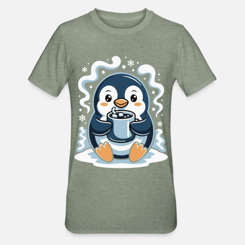 Cuddly penguin with hot cocoa - Unisex Polycotton T-Shirt - heather military green
