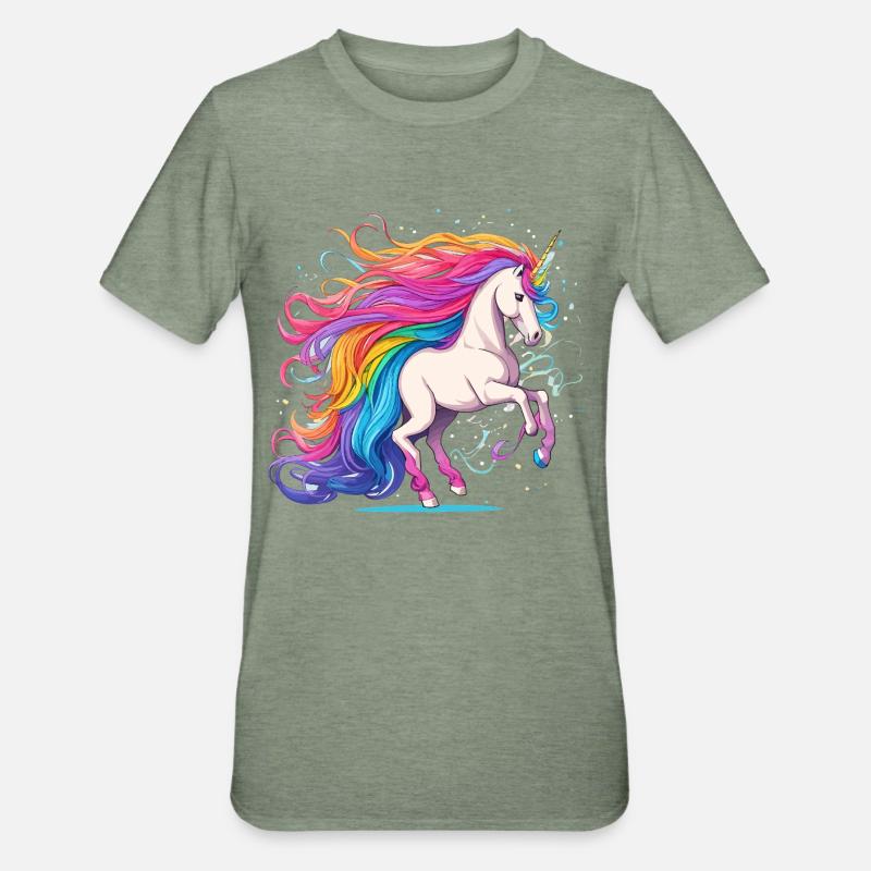 Regenbogen-Einhorn mit leuchtendem Haarschweif - Unisex Polycotton T-Shirt - Militärgrün meliert