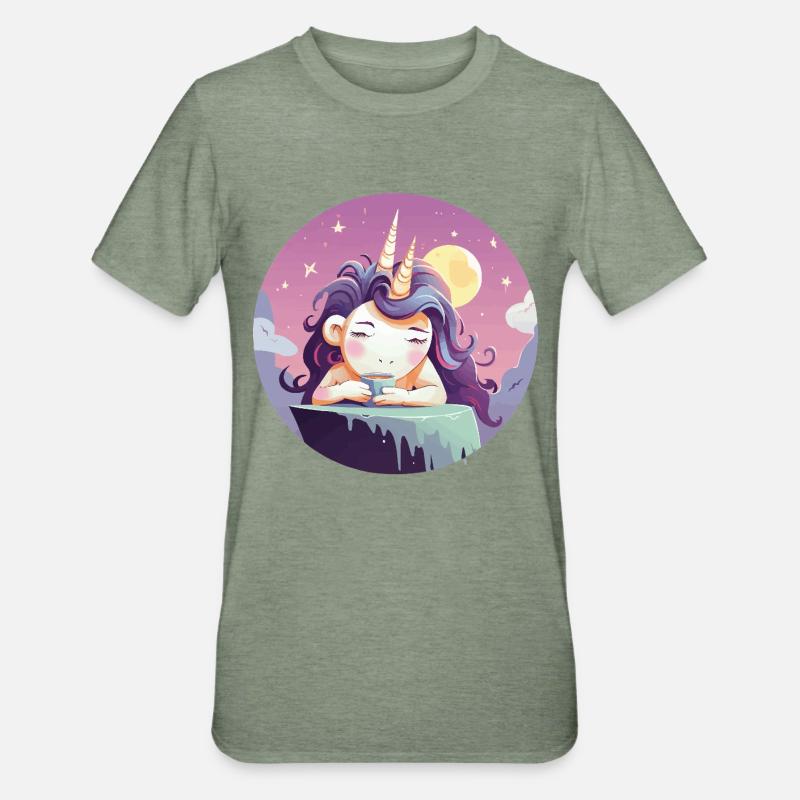 Mondtee Einhorn am Abend - Unisex Polycotton T-Shirt - Militärgrün meliert