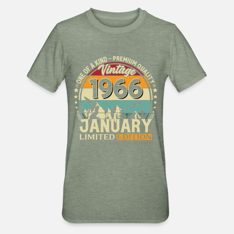 196660e anniversaire Millésime janvier 1966 - T-shirt polycoton Unisexe - vert kaki chiné