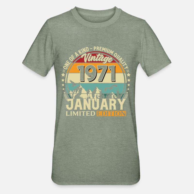 55e anniversaire millésime janvier 1971 - T-shirt polycoton Unisexe - vert kaki chiné