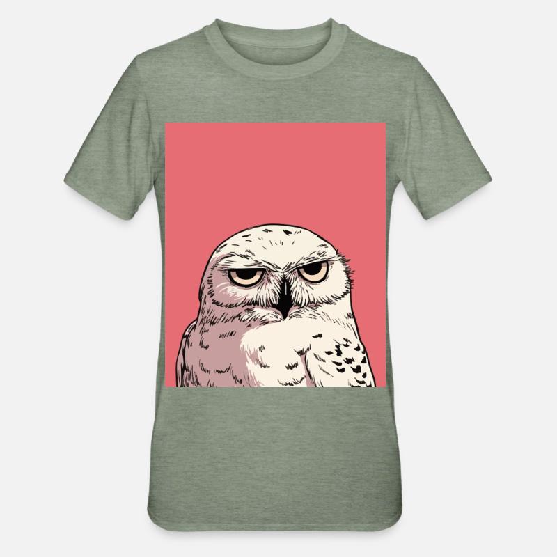 Grumpy Owl Illustration – Urteilende Tierkunst De - Unisex Polycotton T-Shirt - Militärgrün meliert