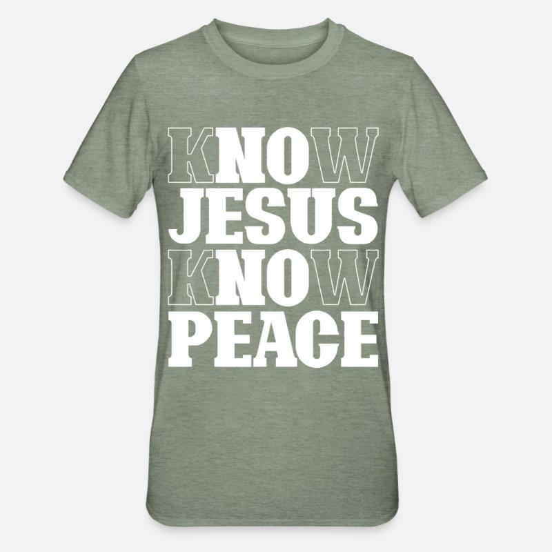 Lettrage Know Jesus Know Peace - T-shirt polycoton Unisexe - vert kaki chiné