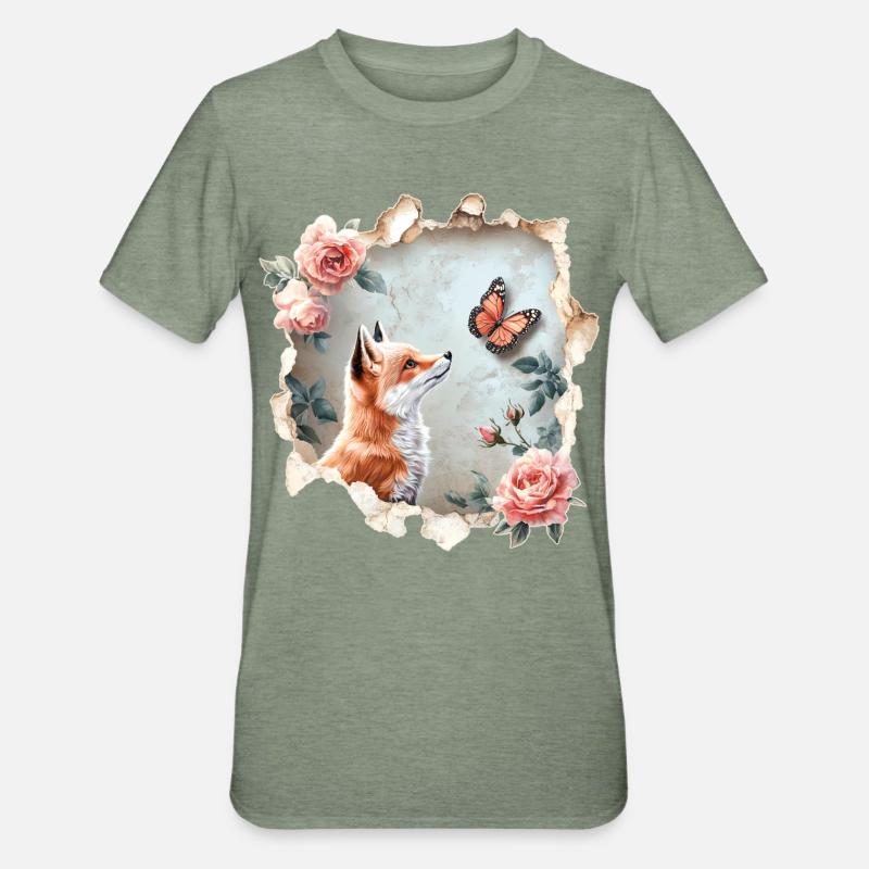 Fuchs mit Schmetterling - Unisex Polycotton T-Shirt - Militärgrün meliert