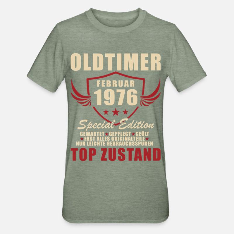 Février 1976 Anniversaire Oldtimer 1976 - T-shirt polycoton Unisexe - vert kaki chiné