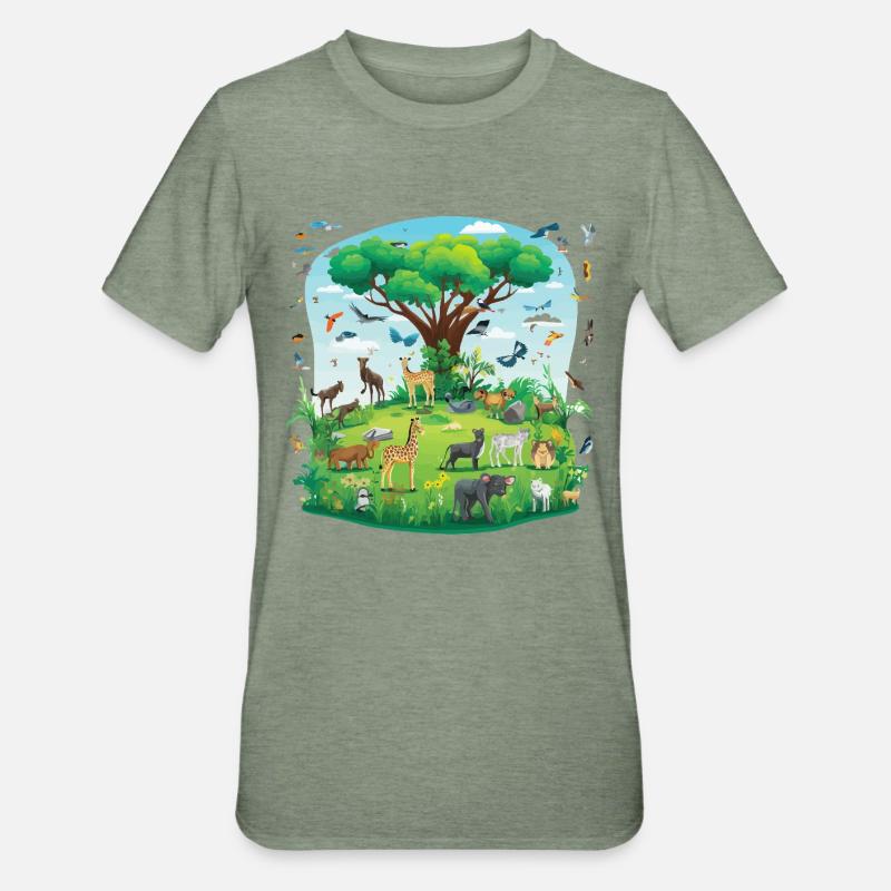 Tierparadies unter dem Baum - Unisex Polycotton T-Shirt - Militärgrün meliert