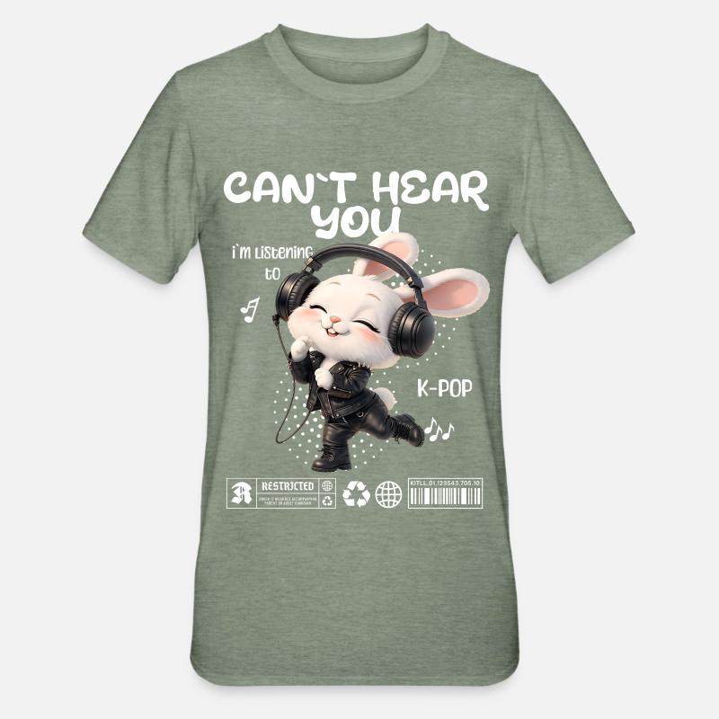 Un lapin K-Pop avec des écouteurs - T-shirt polycoton Unisexe - vert kaki chiné