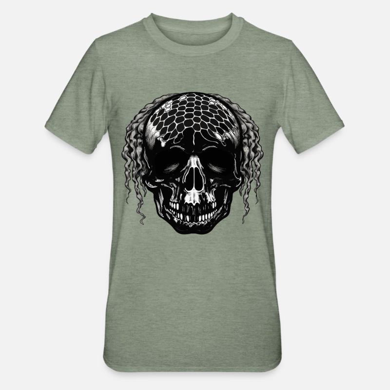 Skull with Mesh Pattern Dreadlocks - Unisex Polycotton T-Shirt - heather military green