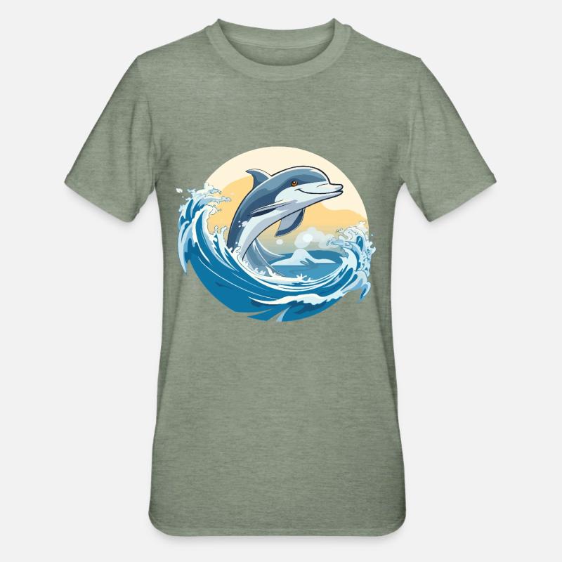 Dolphin jump over surf wave - Unisex Polycotton T-Shirt - heather military green