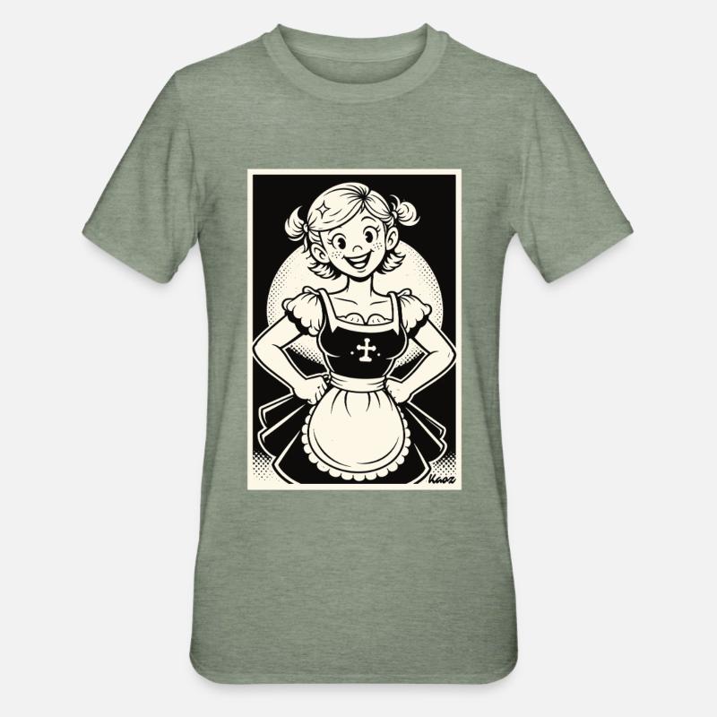 Dirndl Mädchen Cartoon - Unisex Polycotton T-Shirt - Militärgrün meliert
