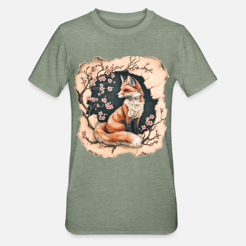 Fuchs mit Kirschblüten - Unisex Polycotton T-Shirt - Militärgrün meliert