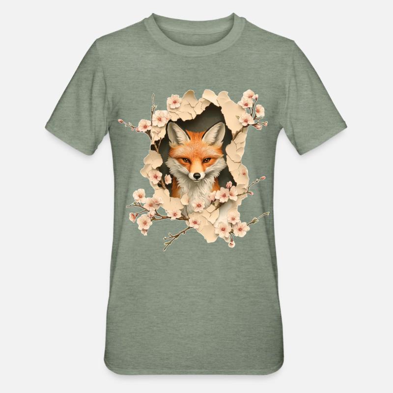 Fuchs mit Kirschblüten - Unisex Polycotton T-Shirt - Militärgrün meliert