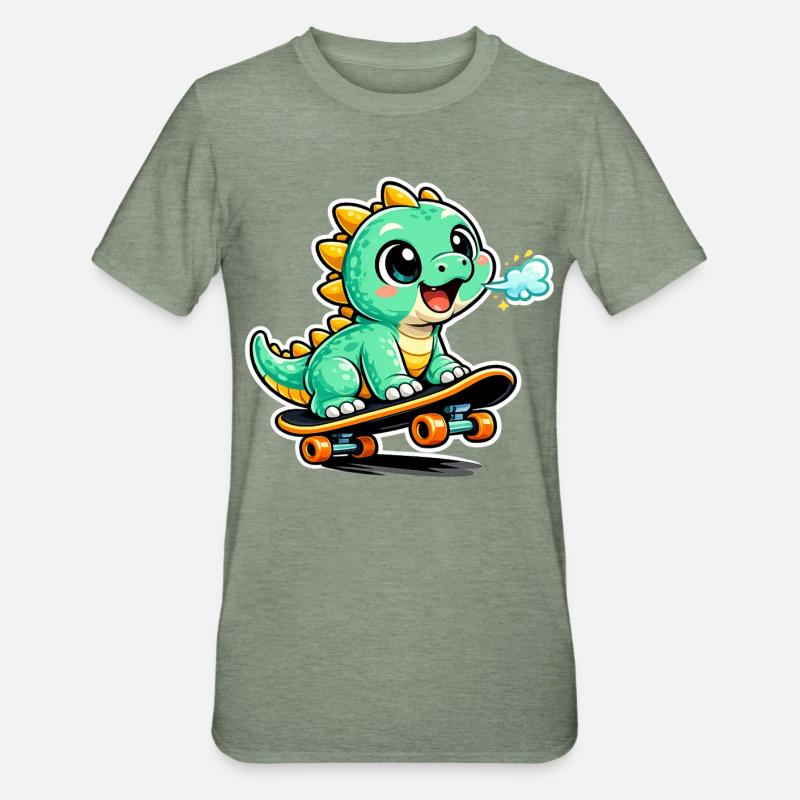 Héros du skateboard Dino vert - T-shirt polycoton Unisexe - vert kaki chiné
