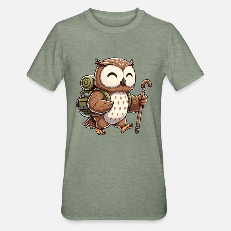 Niedliche Wander-Eulen-Vogel-Trekkingkunst - Unisex Polycotton T-Shirt - Militärgrün meliert