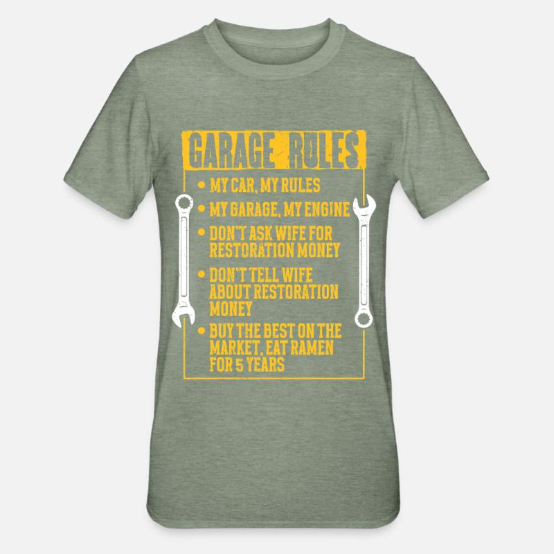 Auto Restauration Garage Rules - Unisex Polycotton T-Shirt - Militärgrün meliert