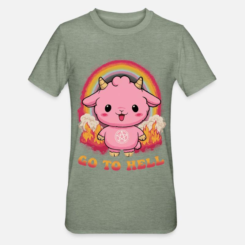 Pinkes Dämonchen mit Regenbogen - Unisex Polycotton T-Shirt - Militärgrün meliert