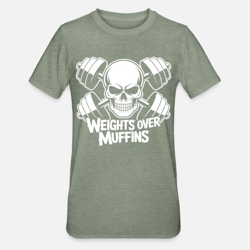 Gewichte über Muffins Schädel - Unisex Polycotton T-Shirt - Militärgrün meliert