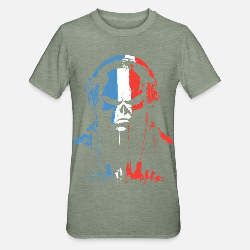 Kopfhörer-Schädel in Trikolore - Unisex Polycotton T-Shirt - Militärgrün meliert