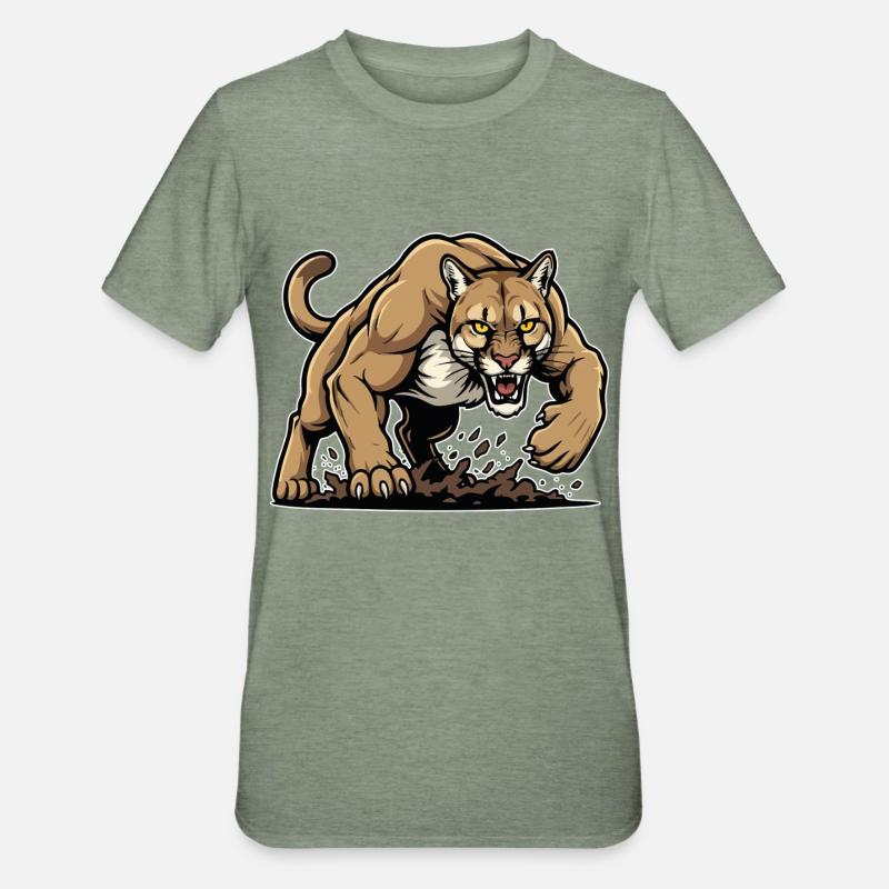 Cougar Berglöwe Wildmaskottchen - Unisex Polycotton T-Shirt - Militärgrün meliert