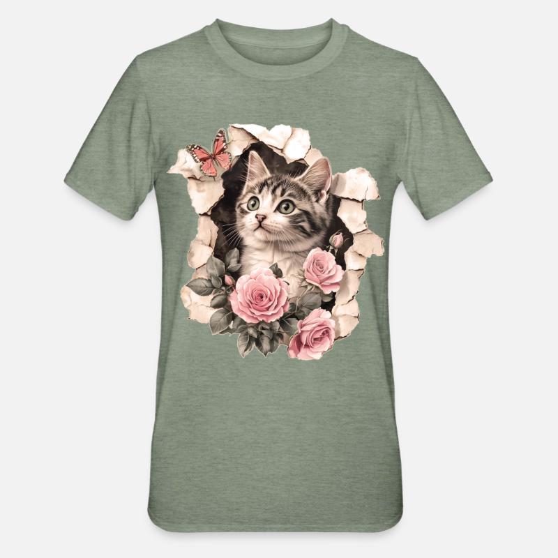 Gatto e farfalla - Maglietta unisex, mix cotone e poliestere - verde militare melange