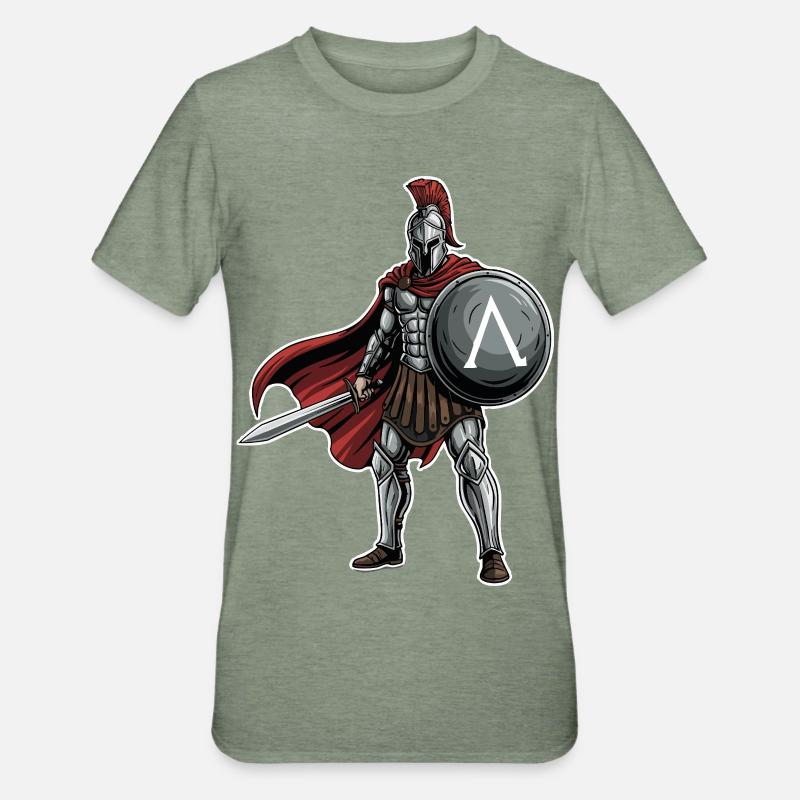 Hoplitisches Spartanisches Lambda-Schild-Schwert-Maskottchen - Unisex Polycotton T-Shirt - Militärgrün meliert